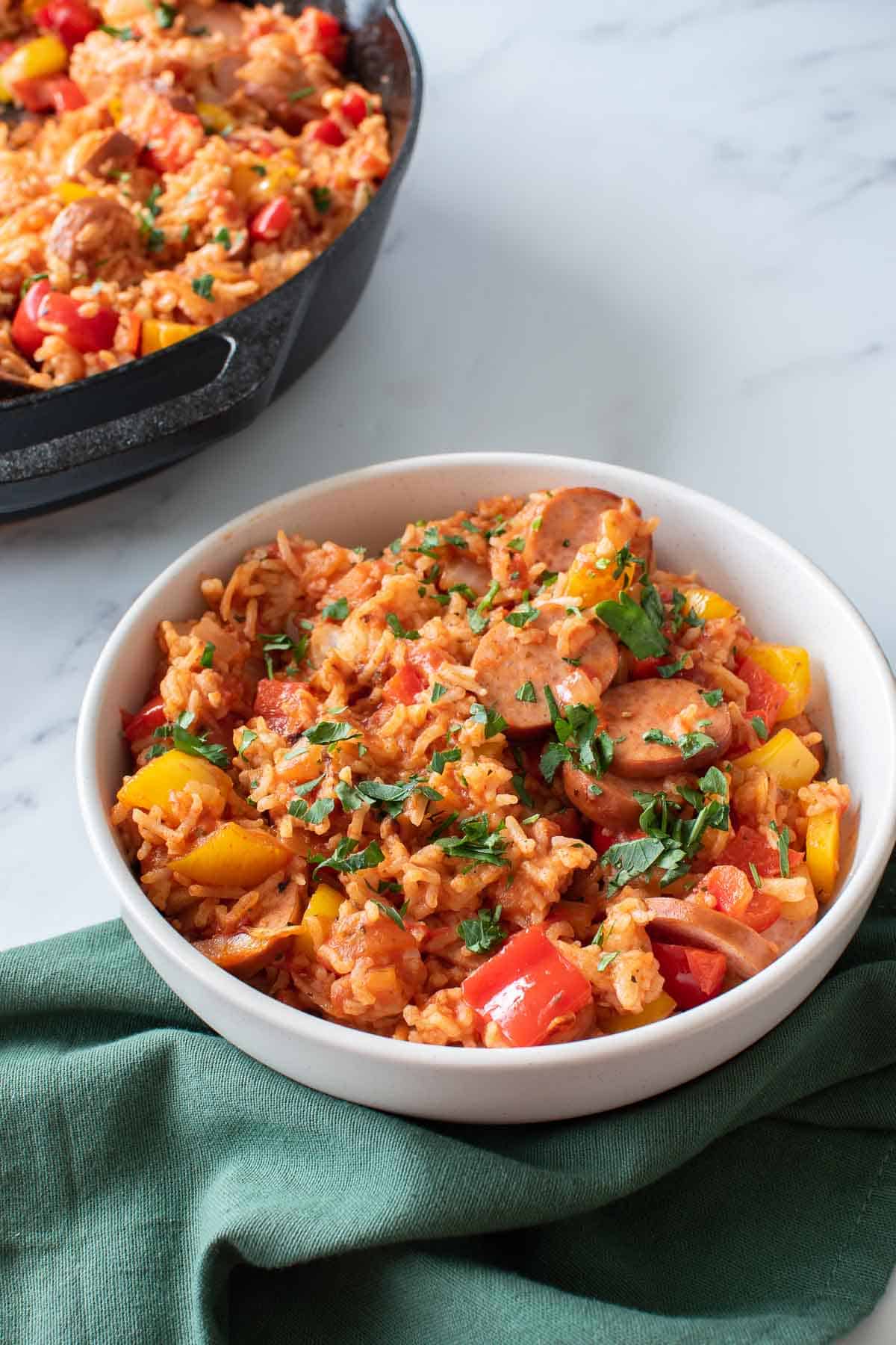 Sausage and rice skillet in a bowl.