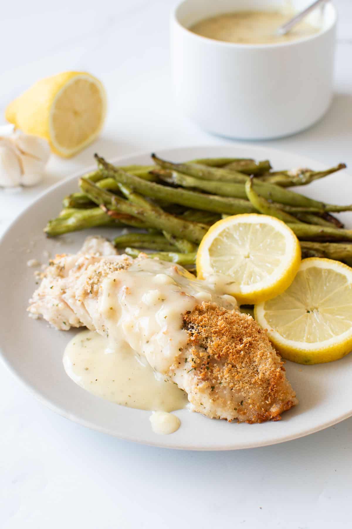 Baked haddock with a crispy breadcrumb topping.