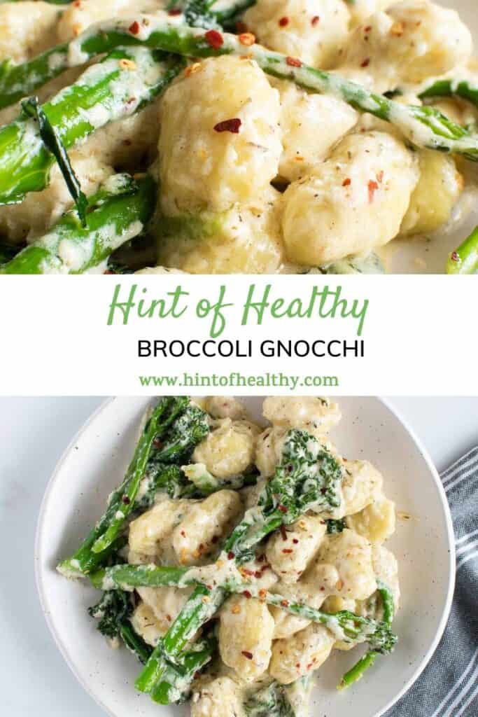 Two photos of gnocchi with cheese and broccoli.