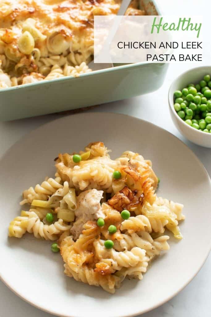 A plate with chicken pasta bake.