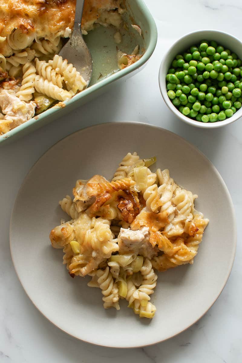 Chicken and leek pasta bake on a plate.