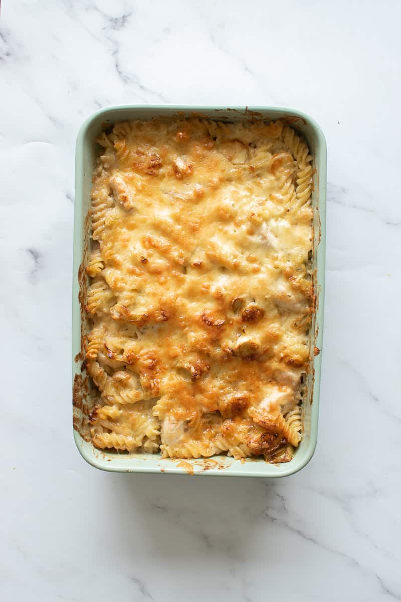 Chicken and leek pasta casserole in a casserole dish.