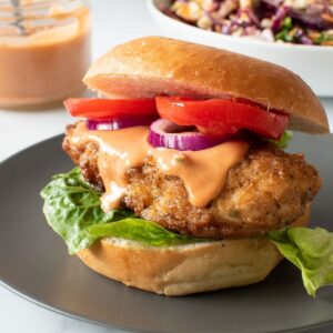 Crispy chicken burger with burger sauce.