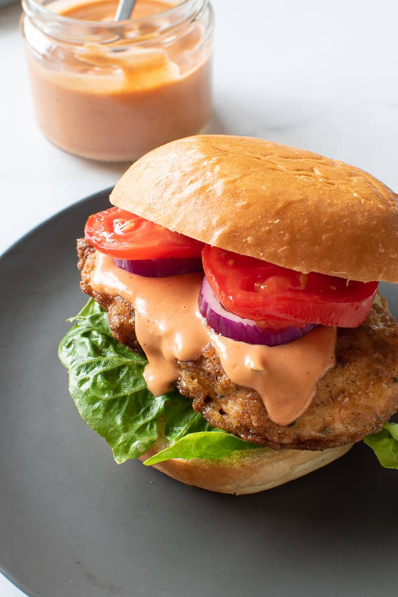 Spicy burger sauce on a chicken burger.