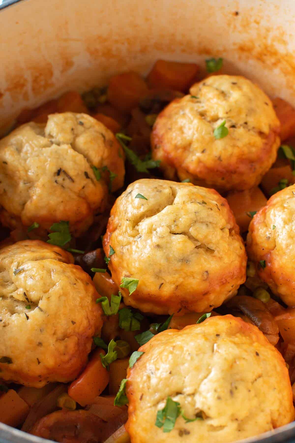 Close up of a pot of stew with dumplings on top.