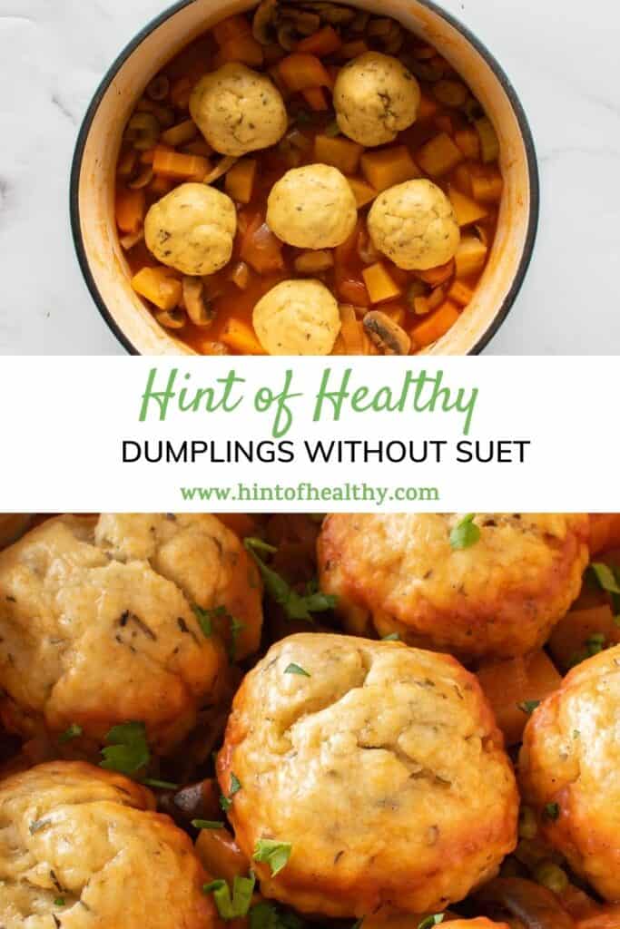 Two photos of a stew with dumplings; one has raw dumplings, the other has cooked dumplings.