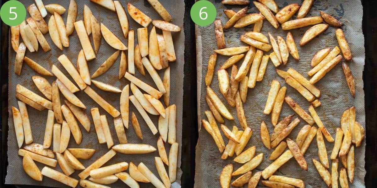 Step by step images showing cooked and uncooked fries.