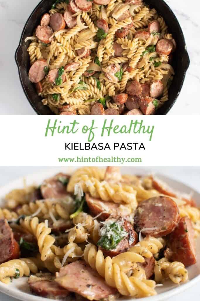 Two photos of pasta and kielbasa.