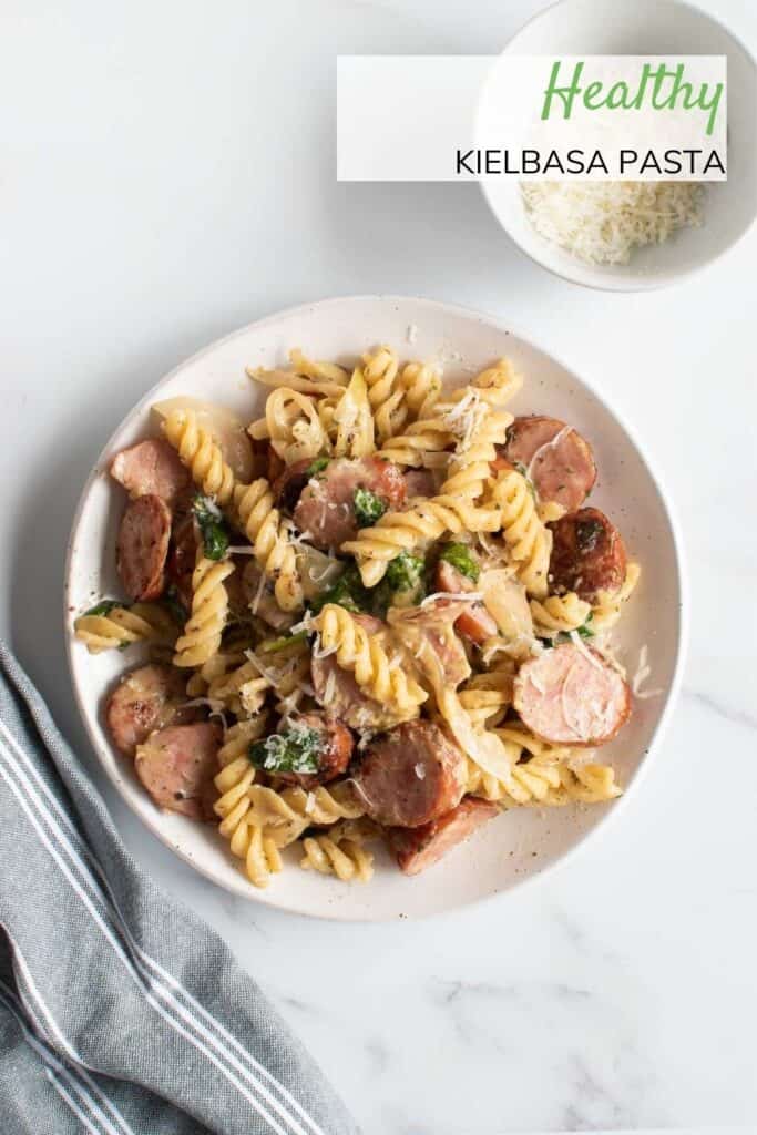 Pasta with kielbasa and spinach.