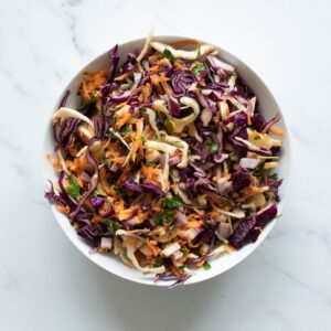 Mayonnaise free coleslaw in a bowl.