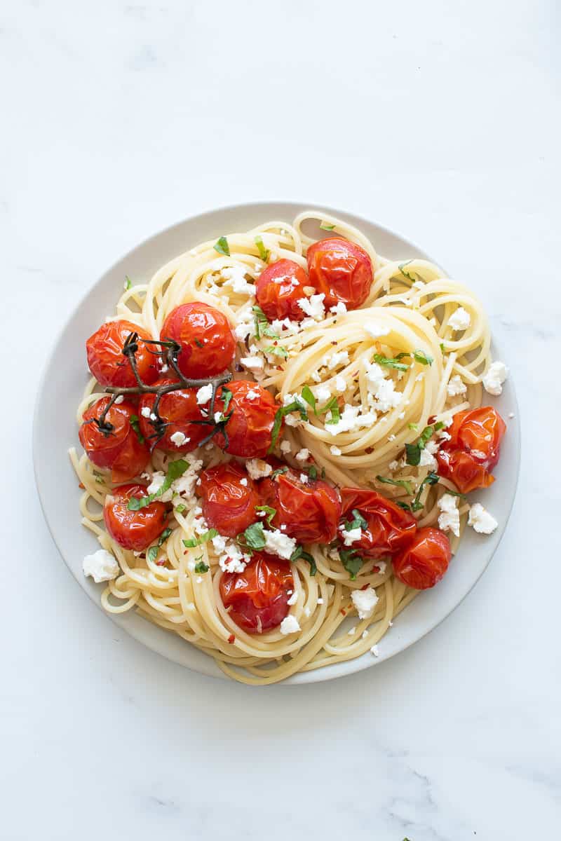 Roasted tomato pasta with feta.