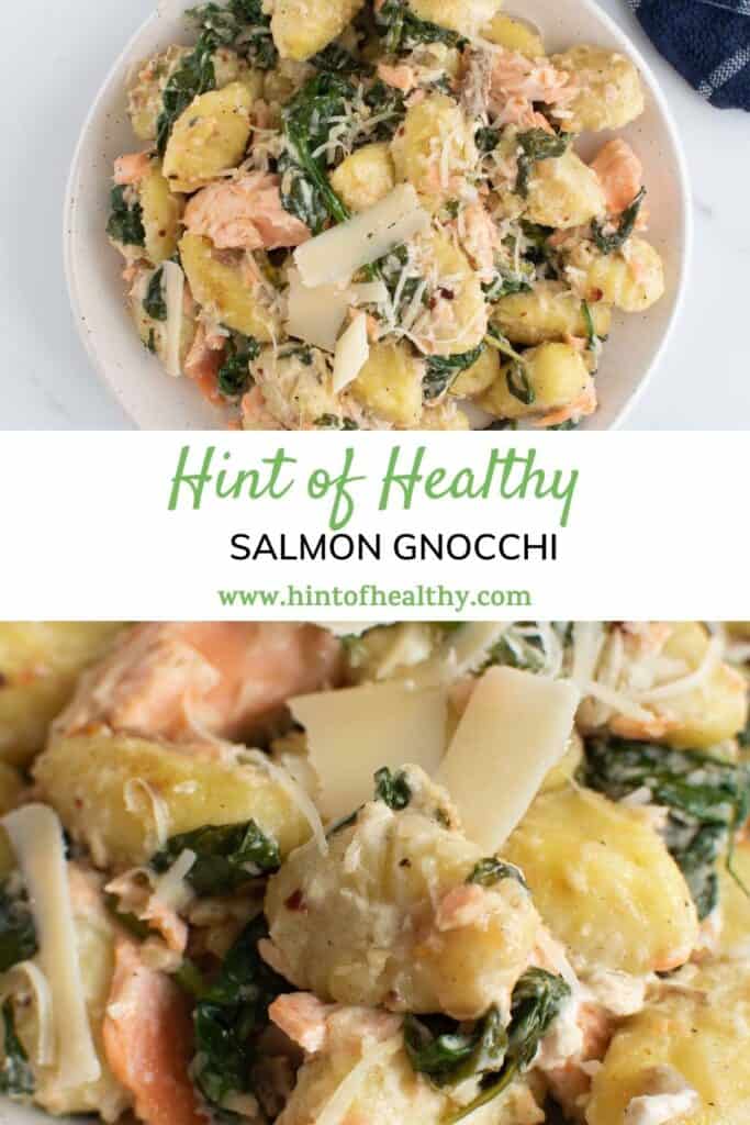 Two images of gnocchi with salmon and spinach.