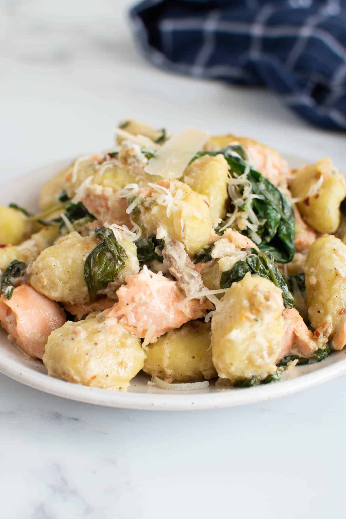 A plate of salmon gnocchi.