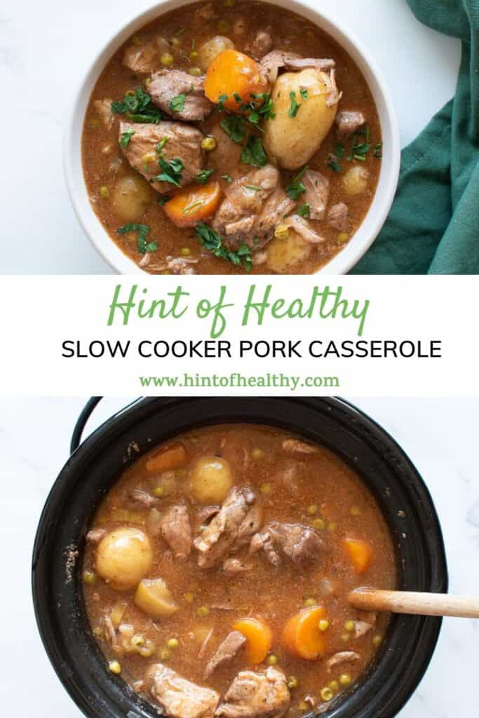 Pork casserole in a slow cooker, with a bowl of stew on the side.