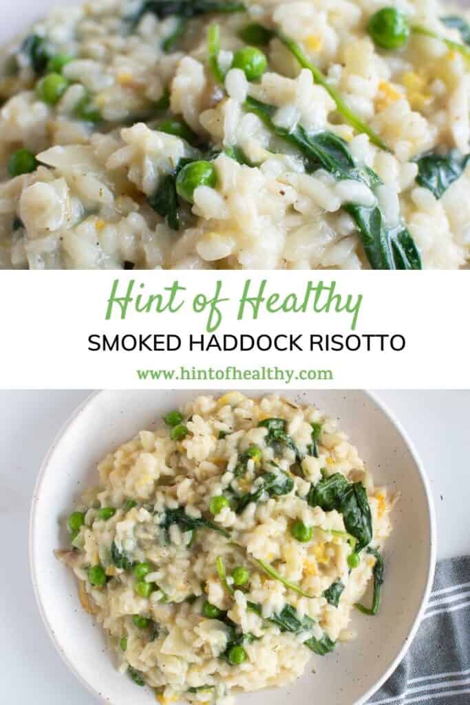 Two photos of risotto with peas and haddock.