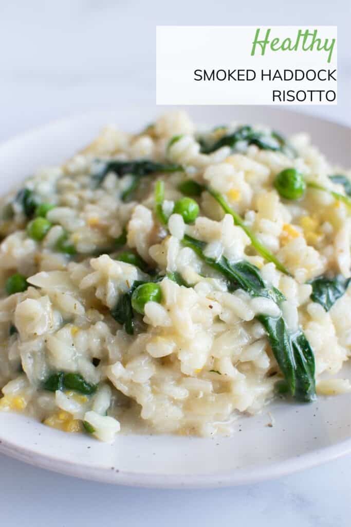 Close up of a photo of smoked haddock risotto with spinach.