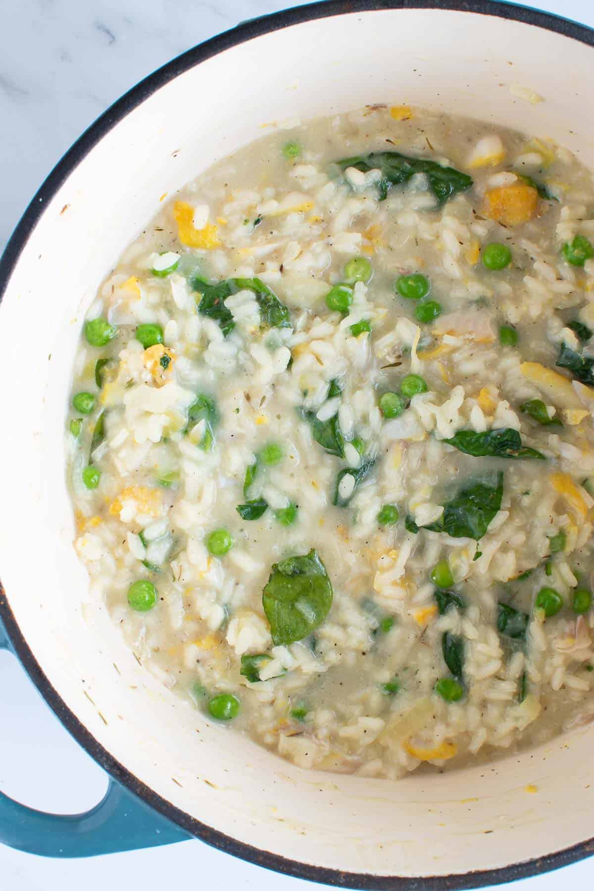 Smoked haddock risotto in a pot.