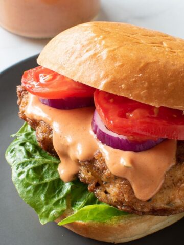 Spicy burger sauce on a chicken burger.