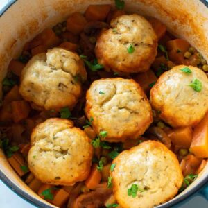 Vegan stew with dumplings.