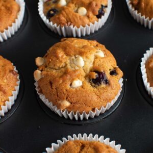 Blueberry and white chocolate muffins.