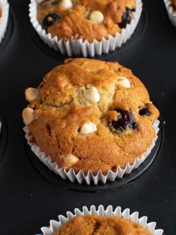 Blueberry and white chocolate muffins.