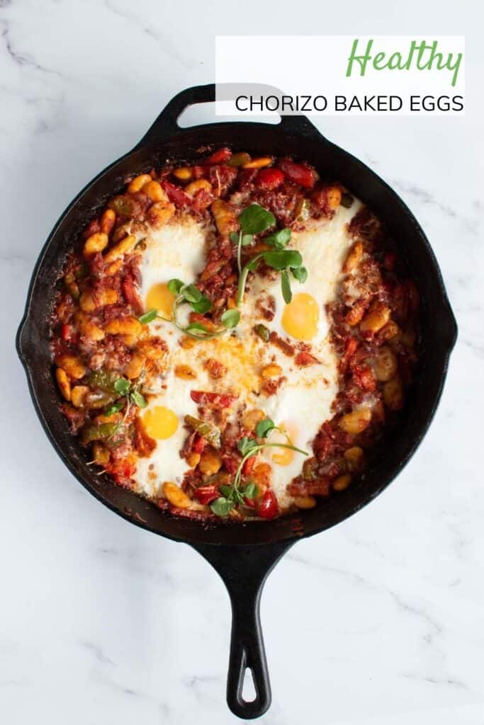 A cast iron skillet with chorizo baked eggs.