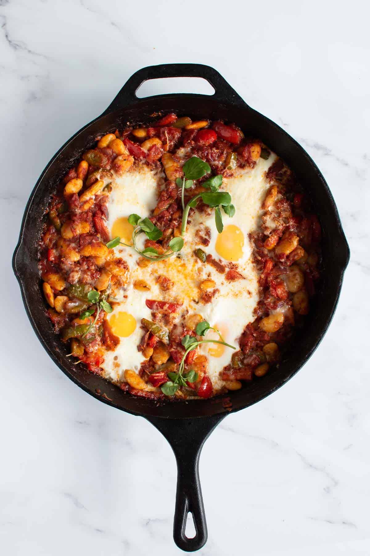 Chorizo shakshuka in a cast iron skillet.