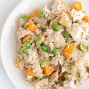 Crockpot chicken and rice with vegetables on a plate.