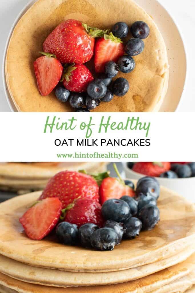 Pancakes with oat milk, topped with fresh berries and maple syrup.