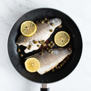 Pan fried sea bass with lemon.