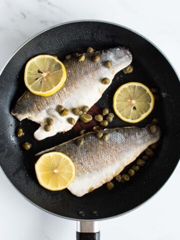 Pan fried sea bass with lemon.