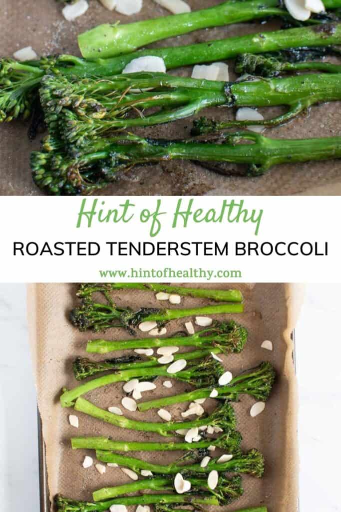 Two images of roasted stem broccoli.