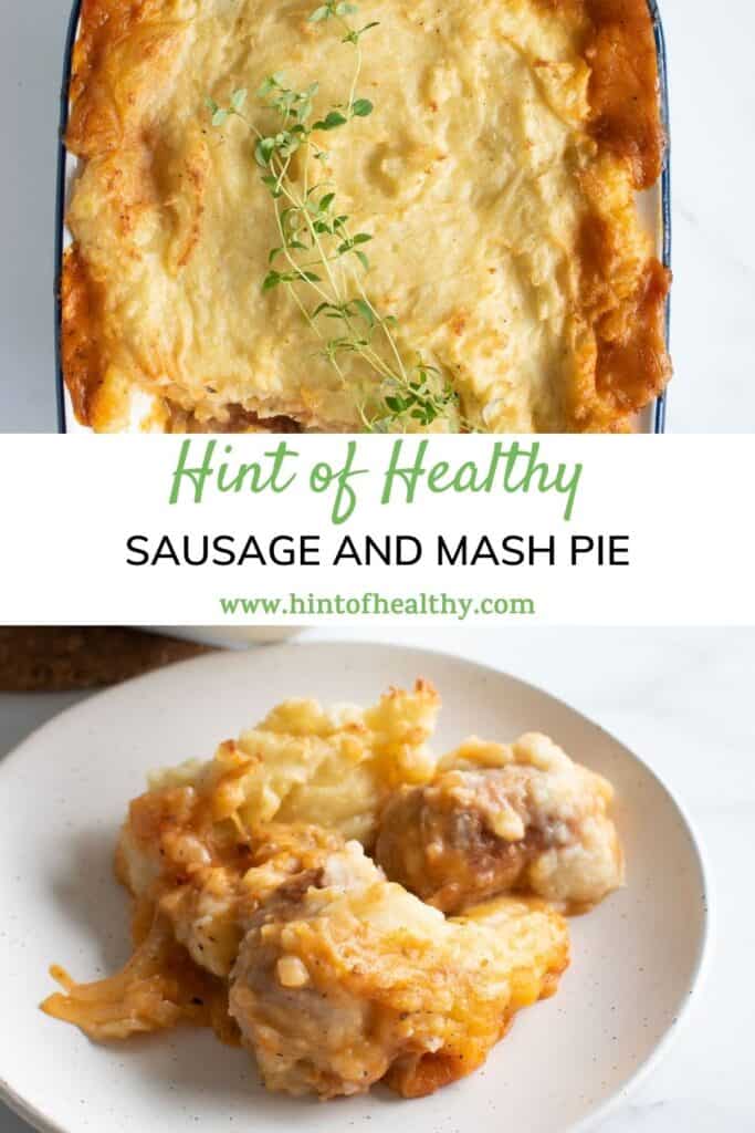 Two images of pie with mashed potatoes and sausages.