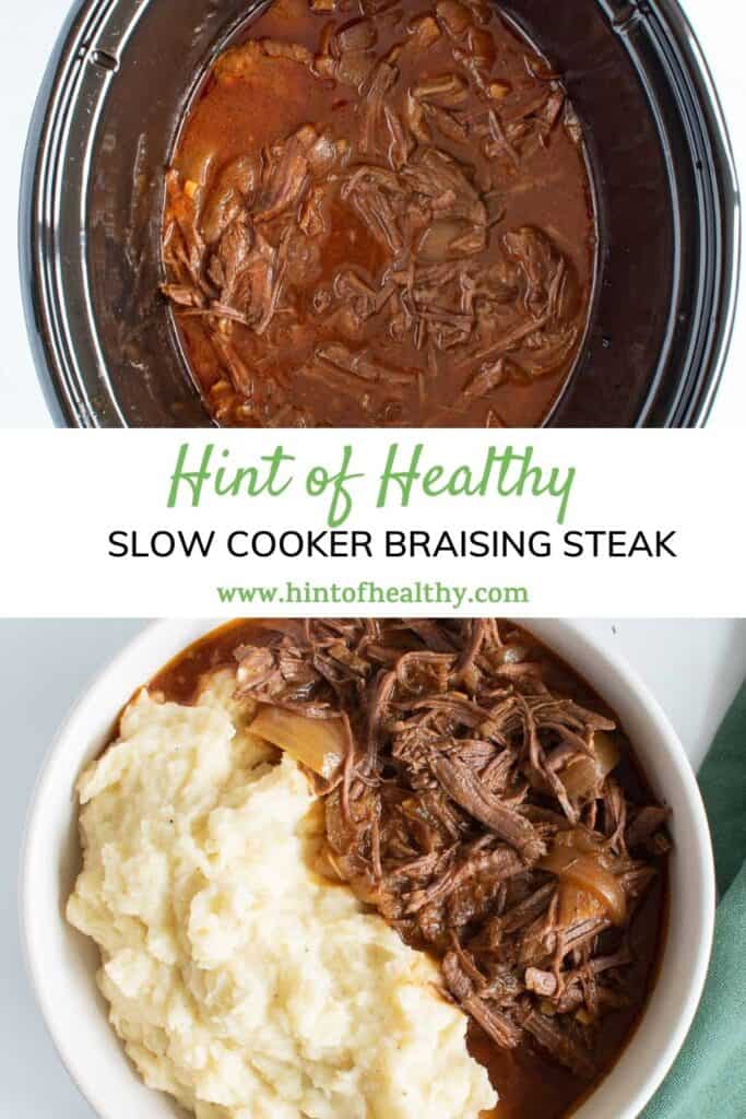 Shredded braising steak in a slow cooker, and served in a bowl with mash.