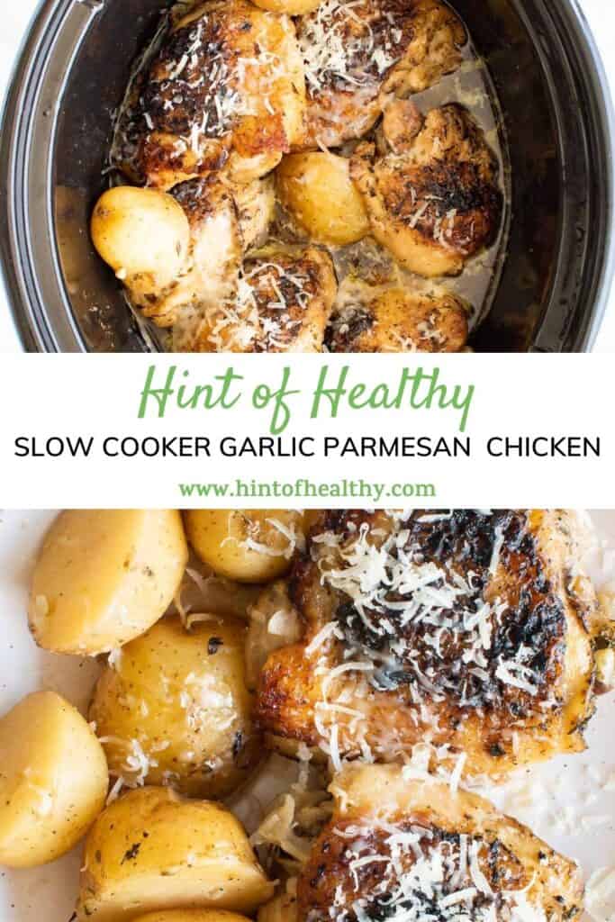 Two images of slow cooked garlic parmesan chicken and potatoes.