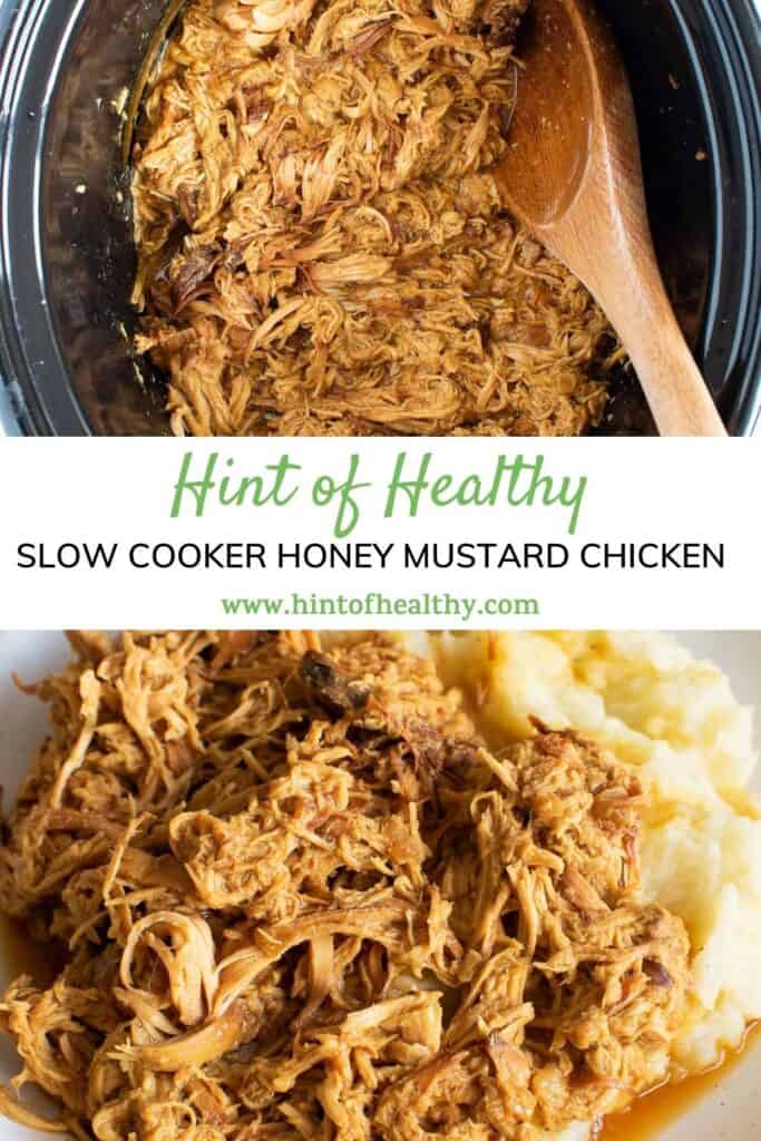 Close up of shredded slow cooker honey mustard chicken.