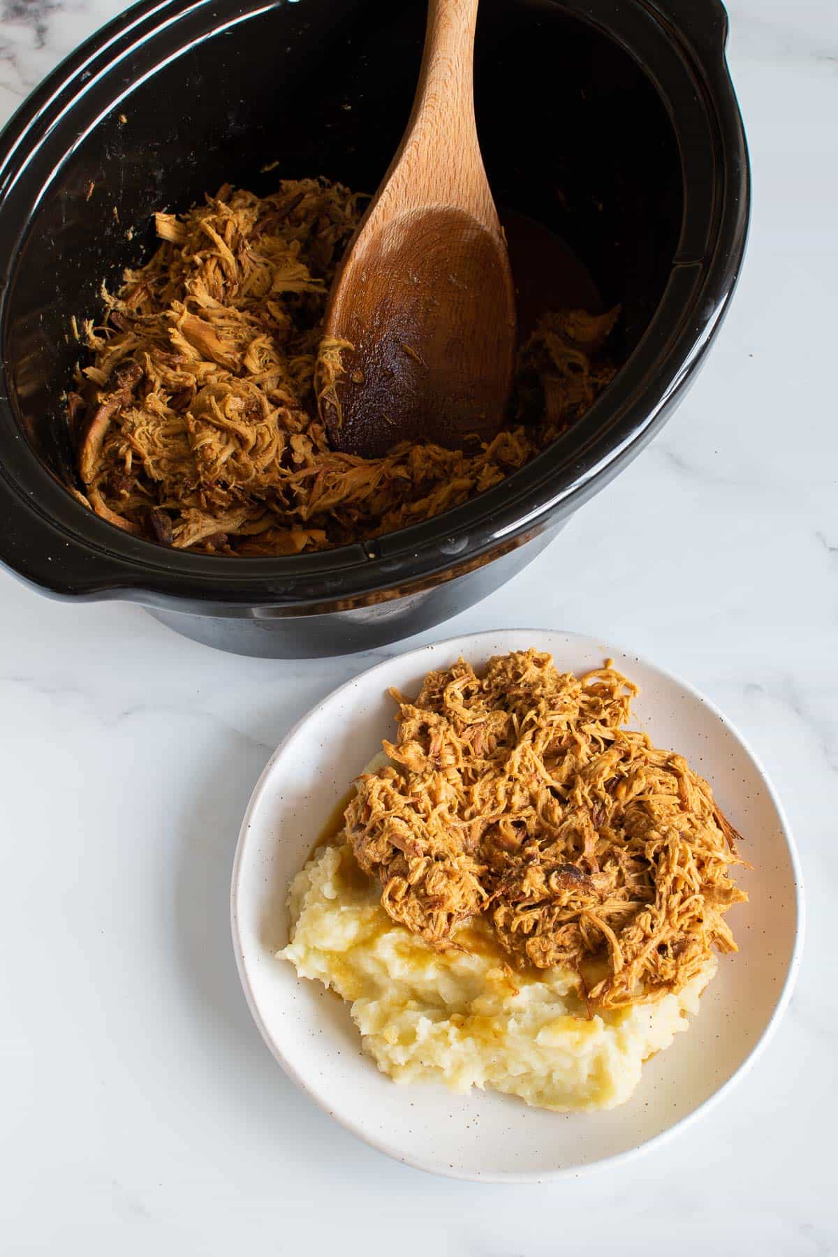 A crockpot with honey mustard chicken. A plate of chicken and mashed potatoes on the side.