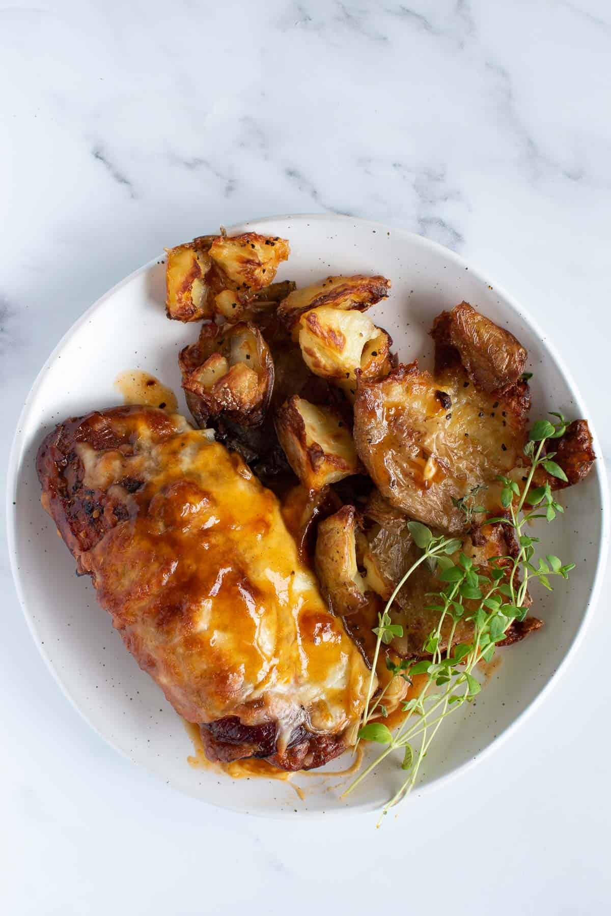 Hunter's chicken and potatoes on a plate.