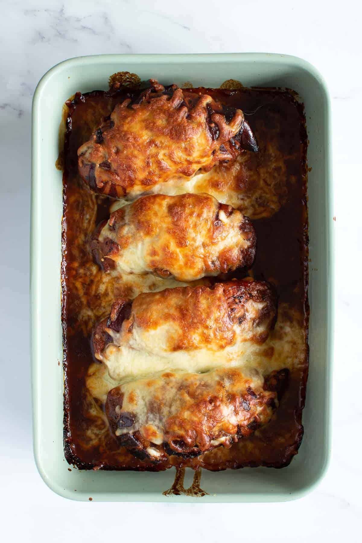 A baking dish with hunter's chicken.