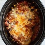 Slow cooker crockpot casserole with ground beef, potatoes and beans.