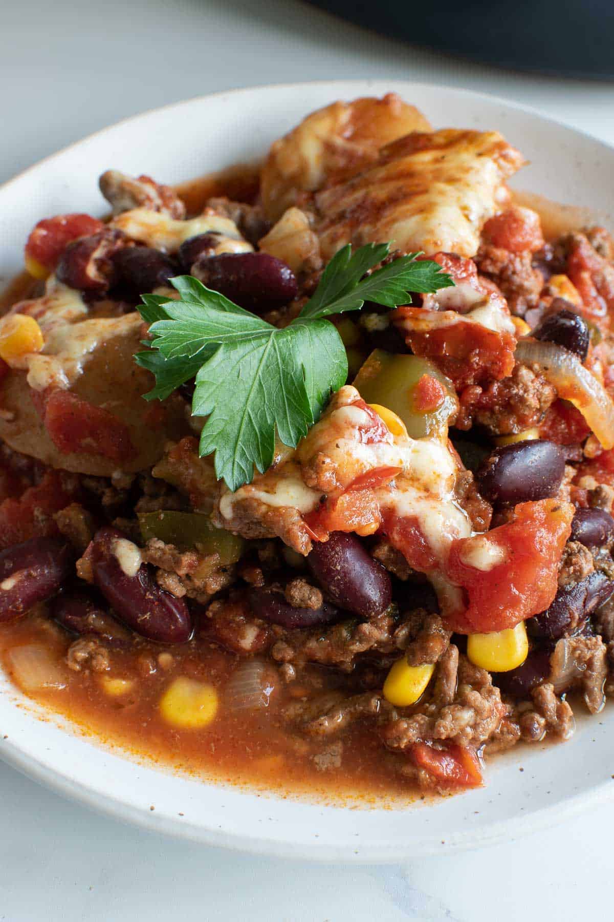 Close up of cowboy casserole on a plate.