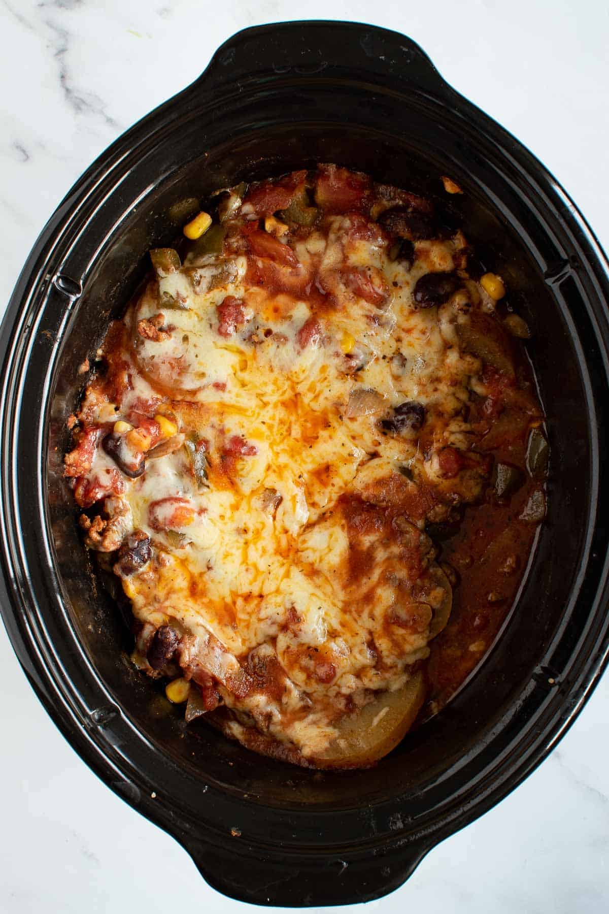 Cowboy casserole in a Crockpot.