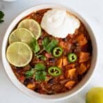 Instant Pot vegan chili with quinoa and sweet potatoes.