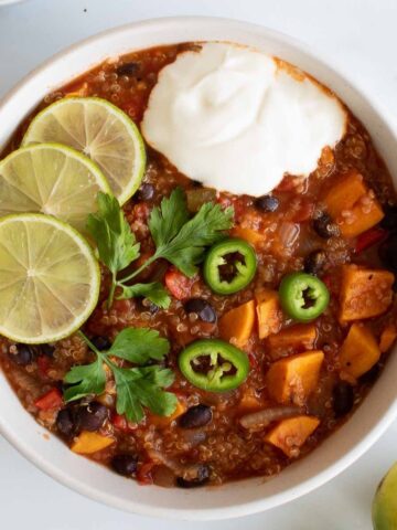 Instant Pot vegan chili with quinoa and sweet potatoes.