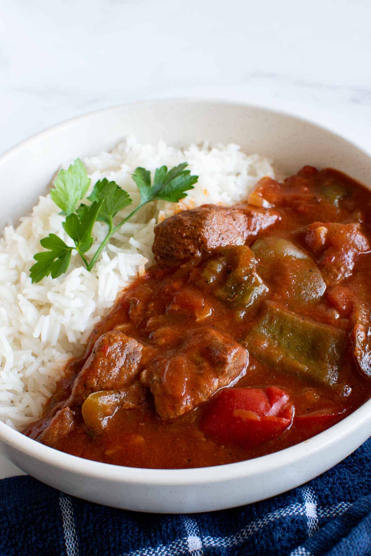 Goulash and rice in a bowl.