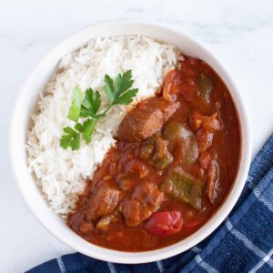 Close up of Crockpot beef goulash.