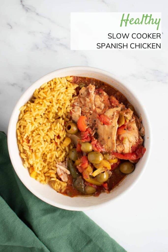 Slow cooked chicken, olives and peppers on a plate with yellow rice.
