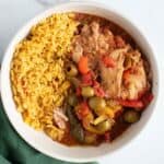 Slow cooker Spanish chicken and rice on a plate.