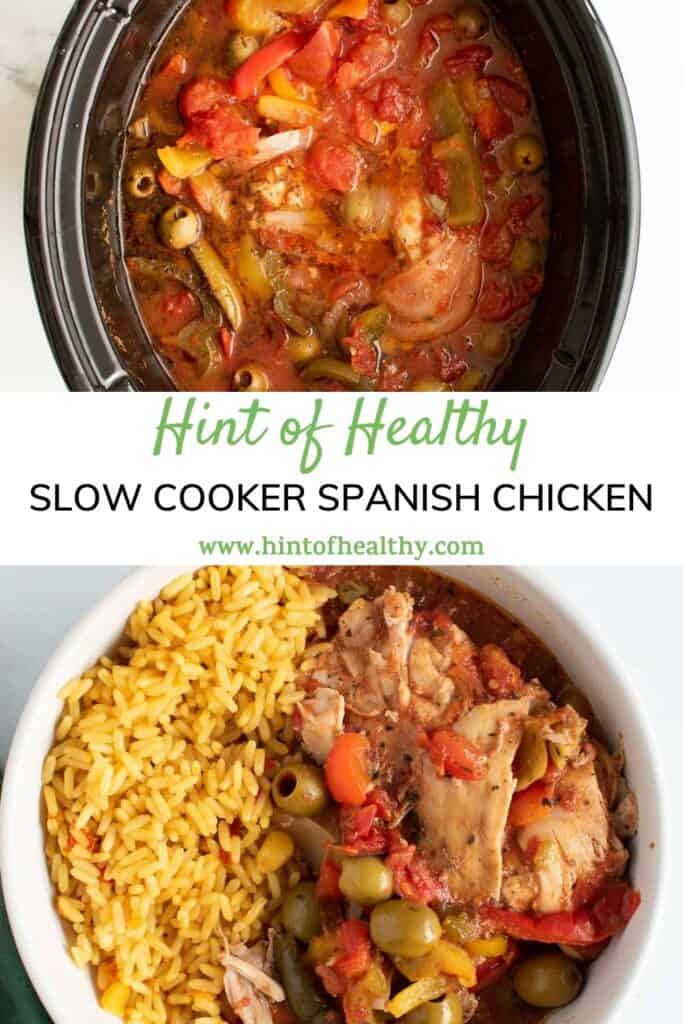 Two images of Crockpot Spanish chicken stew.