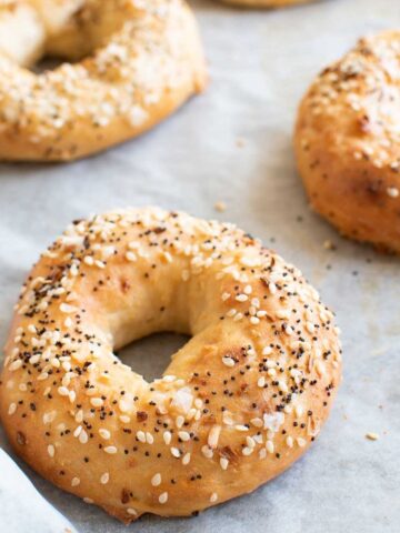 Close up of homemade everything bagels.